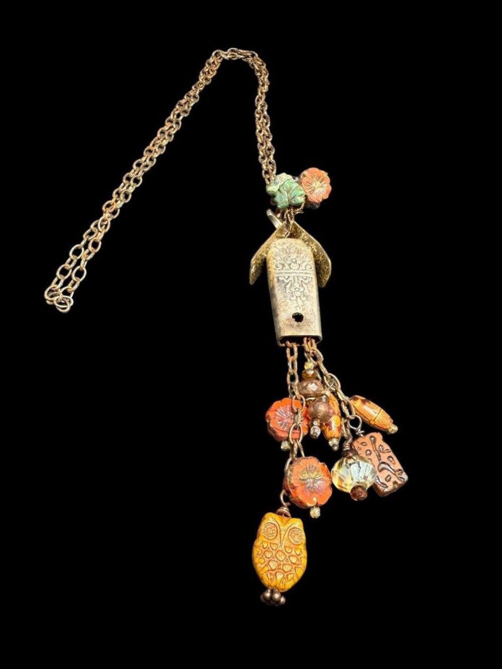 Vintage Artisan Crafted Cuckoo Clock Birdhouse Necklace Mixed Materials